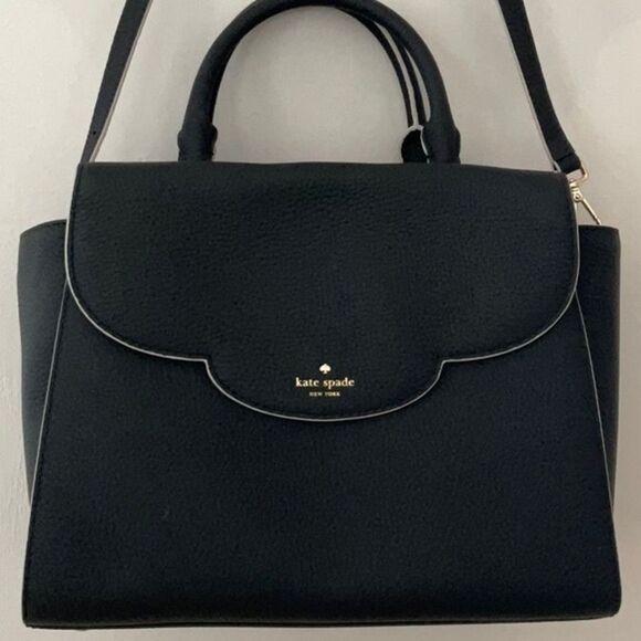 KATE SPADE NWT LEEWOOD PLACE MAKAYLA SCALLOP FULL SIZE BLACK SATCHEL BAG CROSS - Picture 6 of 15